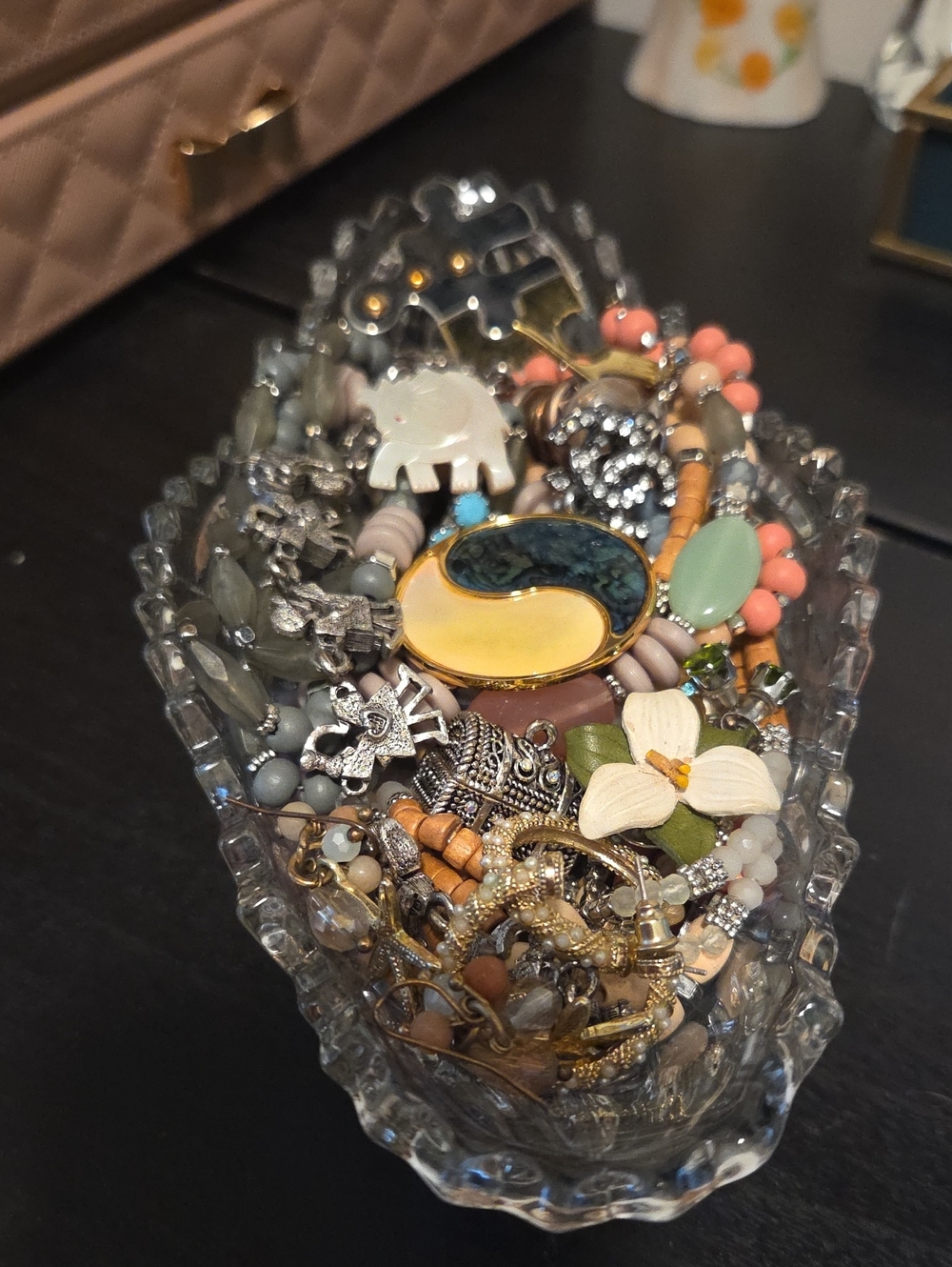 Crystal Oval Bowl filled with jewelry